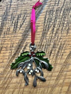 Pewter Holiday Mistletoe Pendant - Green and Red